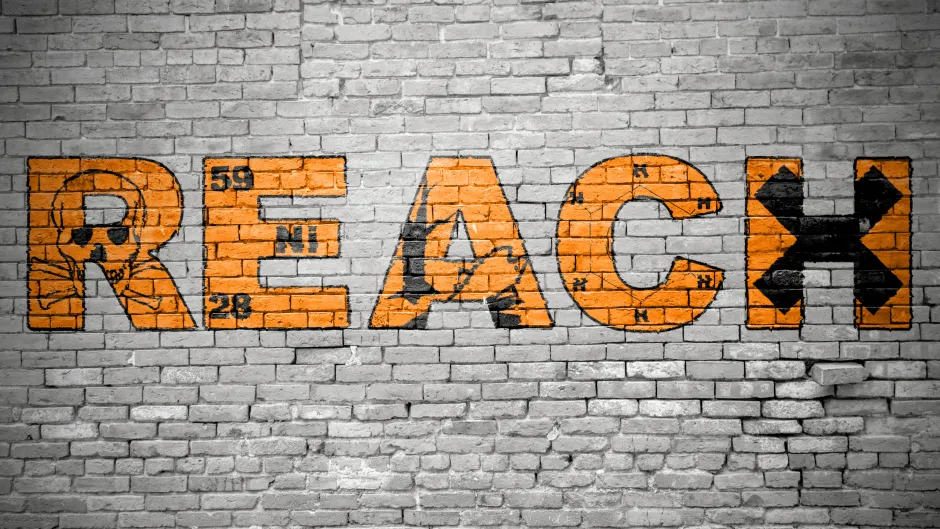 REACH als orangefarbenes Buchstabengraffiti mit eingearbeiteten Gefahrensymbolen